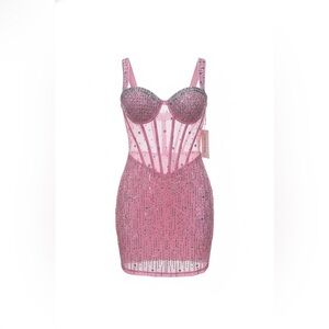 Women’s Mini Pink Dress Sheer Rhinestone Sleeveless Bodycon Wide Strap Size S